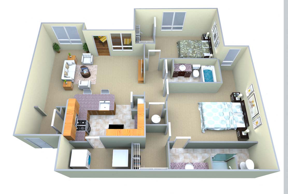 Floor plan for 2 beds, 2 baths, 1287 sqft